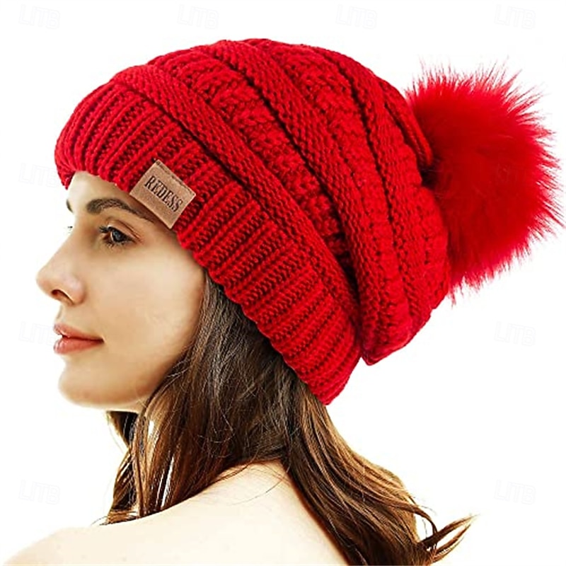 Christmas Gift Hat Pom Pom Beanie Women's Christmas New Year Christmas Eve Warm Fleece Lined Winter Hat Gift for Women for Her Wife Mom