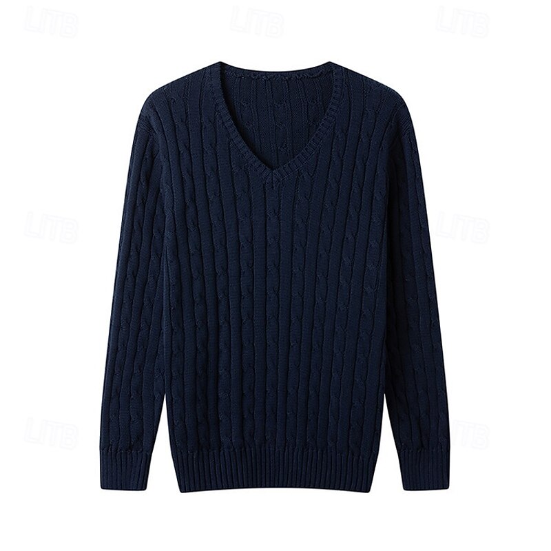 Men's Pullover Sweater Jumper Cropped  Sweater Knit Sweater Ribbed Cable Knit Knit Regular Knitted Plain V Neck Fashion Casual Daily Wear Date Clothing Apparel Fall & Winter Dark Navy Dark Green M L3