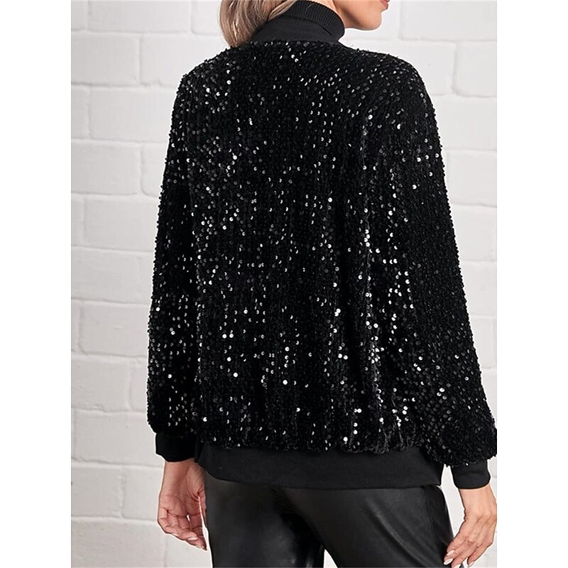 Women's Bomber Jacket Outdoor Street Daily Wear Fall Winter Short Coat Regular Fit Thermal Warm Breathable Stylish Casual Jacket Long Sleeve Plain Sequins with Pockets Black3
