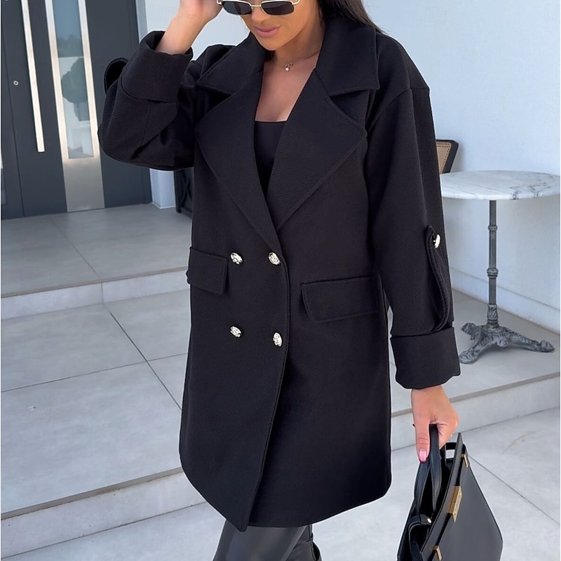 Women's Coat Warm Comfortable Buttons Elegant Solid Color Daily Wear Double Breasted V Neck Regular Fit Long Sleeve Outerwear Black White Green Winter