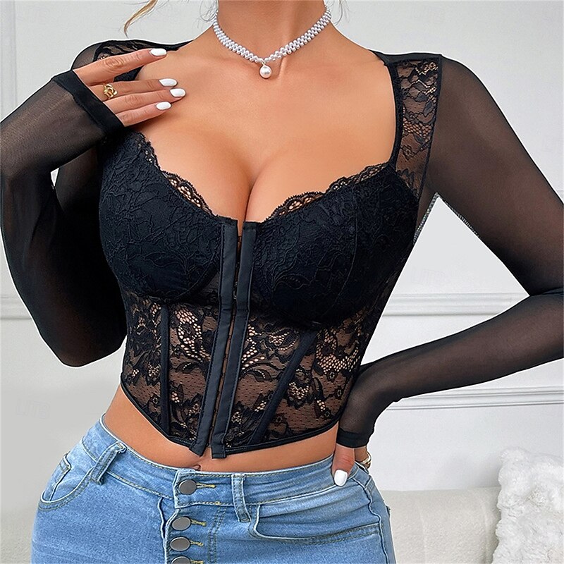 Women's Loungewear Pure Color Corsets Carnival Party Valentine's Day Breathable Square Neck Long Sleeve Lace Summer Spring Home Outfits4