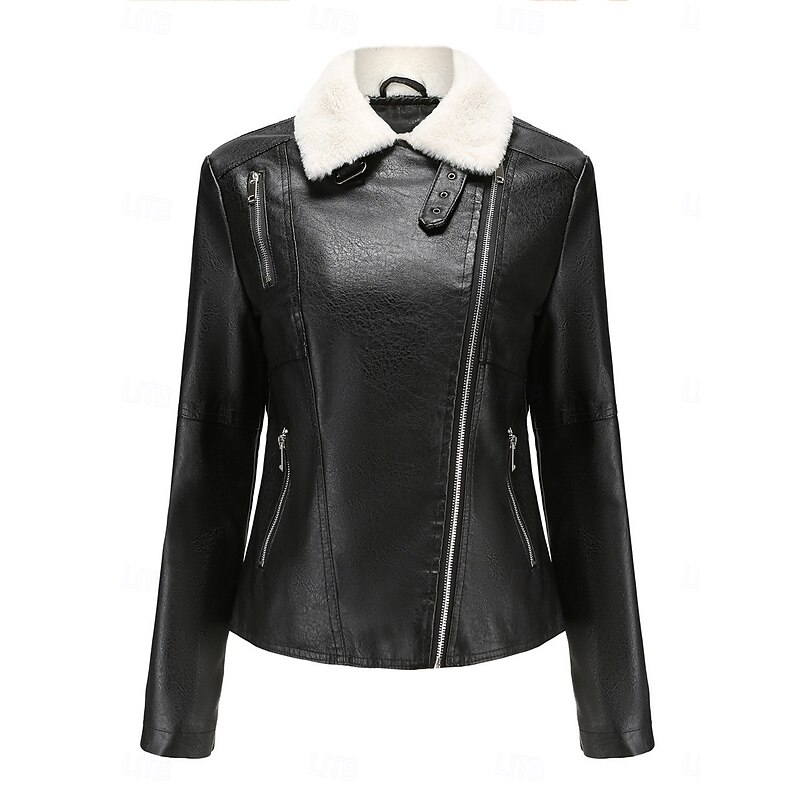 Women's Faux Leather Jacket Fleece Jacket Warm Breathable Zipper Pocket Fleece Lined Casual Plain Vacation Street Daily Wear Going out Zipper Short Turndown Regular Fit Long Sleeve Outerwear Black3
