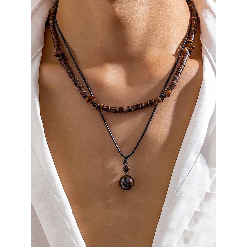 Men's Boho Layered Necklace with Wooden Beads and Pendant – Tribal-Inspired Double-Strand Necklace for Casual and Beachwear Style