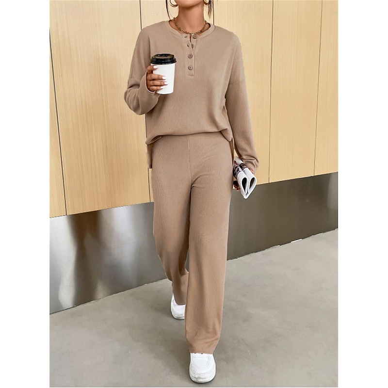 Women's Fashion Streetwear Daily Sweatshirt Sweatpants Long Sleeve Crew Neck Plain Casual Daily Navy Blue Blue Khaki Fall Regular Fit