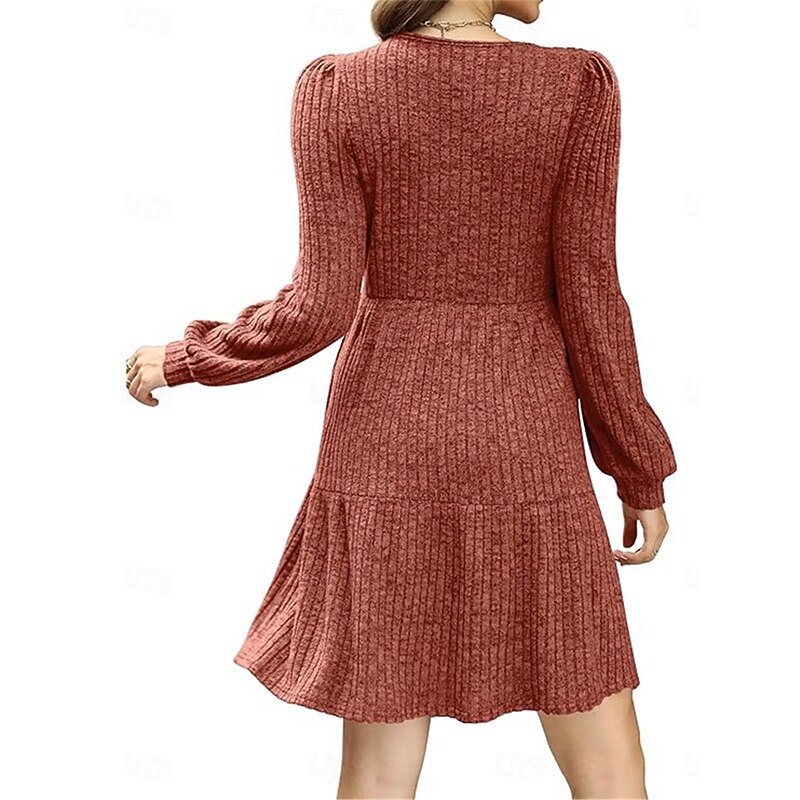 Women's Sweater Dress Casual Soft Pure Color Ribbed Square Neck Pocket Knitted Long Sleeve Long Tops Knit Outdoor Daily Weekend Brown Green Fall Winter2