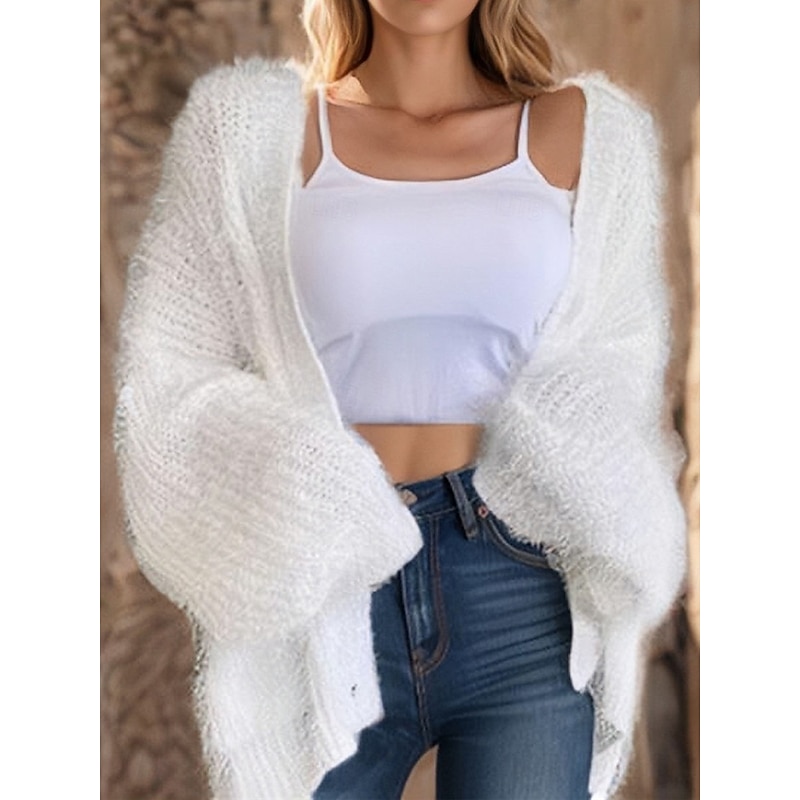 Women's Sweater Cardigan Casual Soft Pure Color Ribbed V Neck Buttons Knitted Long Sleeve Regular Tops Knit Outdoor Daily Weekend White Pink Fall Winter