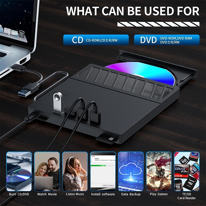 External CD/DVD Drive for Laptop 7 in 1 USB Ultra-Slim Portable CD/DVD Player Burner Compatible with External DVD Player for Laptop4
