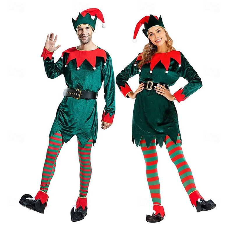 Elf Outfits Fancy Costume Christmas Costume Men's Women's Cosplay Costume Adults Christmas New Year Christmas Eve Christmas Party Top Belt Socks Shoes Hat