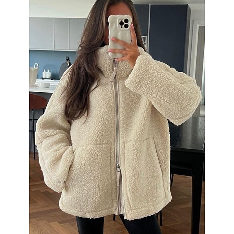 Women's Fleece Jacket Warm Breathable Patchwork Zipper Pocket Casual Plain Vacation Street Daily Wear Going out Zipper Regular Turndown Regular Fit Long Sleeve Outerwear Beige Coffee Fall Winter2