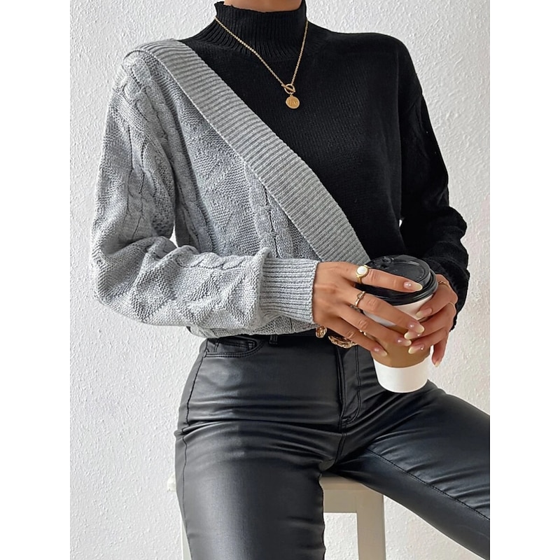 Women's Sweater Elegant Fashion Daily Color Block Mock Neck Knitted Long Sleeve Regular Tops Knit Work Black Fall Winter3