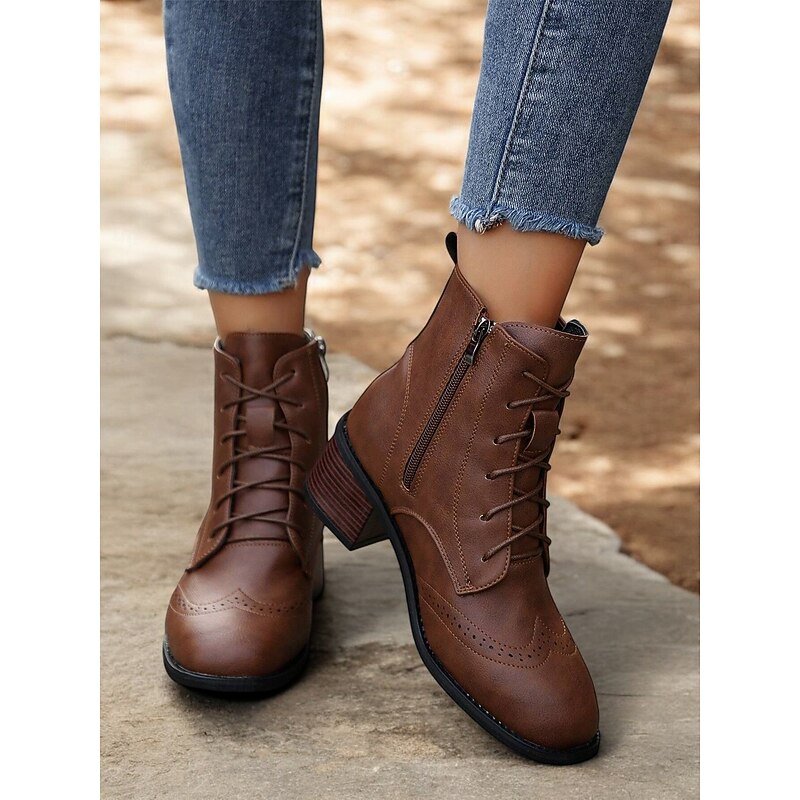 Women's Brown Lace-Up Ankle Boots with Brogue Detailing – Vintage Block Heel Boots for Casual and Everyday Wear3