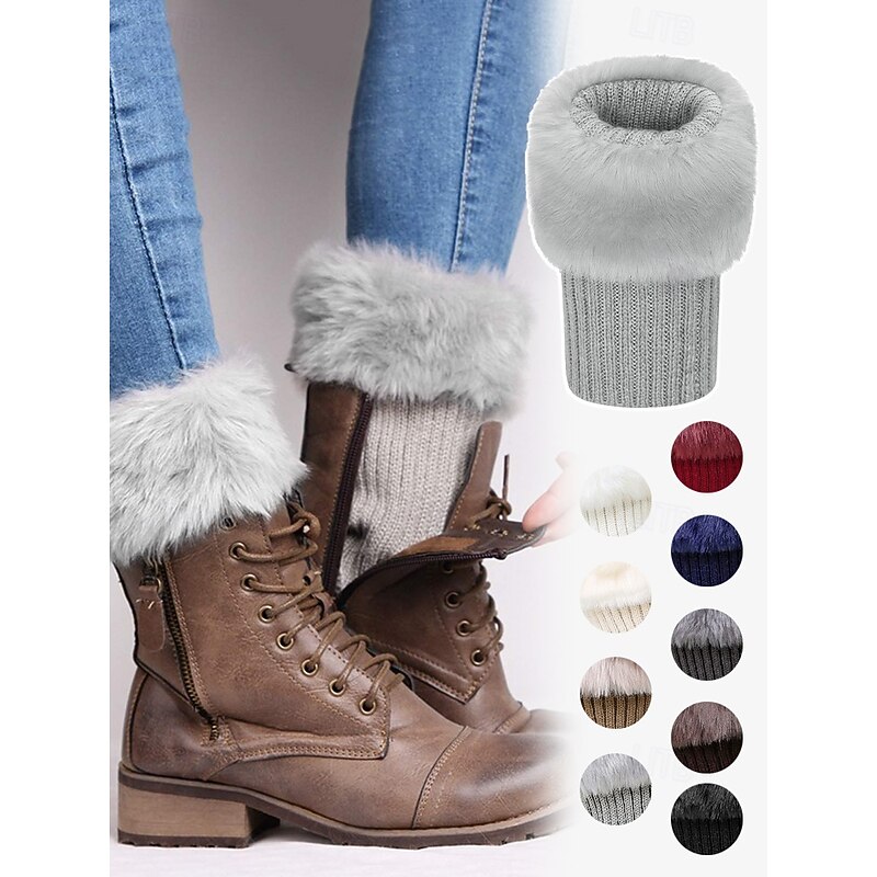 Faux Fur Boot Cuff Warmers – Cozy Knit Boot Socks with Fluffy Top, Winter Fashion Accessories for Women