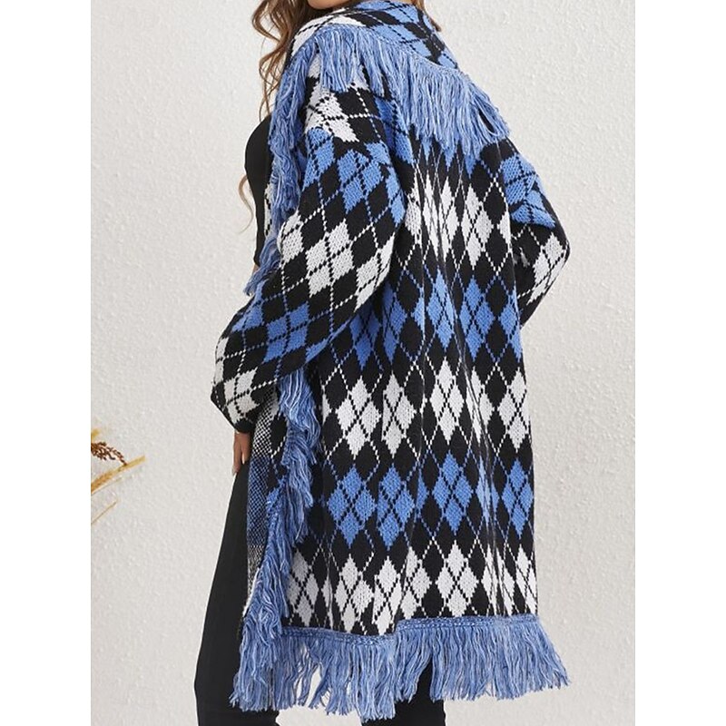 Women's Sweater Cardigan Casual Soft Pure Color Ribbed Open Front Tassel Knitted Long Sleeve Long Tops Knit Outdoor Daily Weekend Blue Fall Winter2