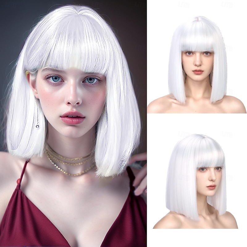 Bob Wig with Bangs Short Straight Wig for Women Heat Resistant Synthetic Natural Hair Wig Colorful Bob Wigs for Grils Daily Party Christmas Party Wigs Cosplay Use