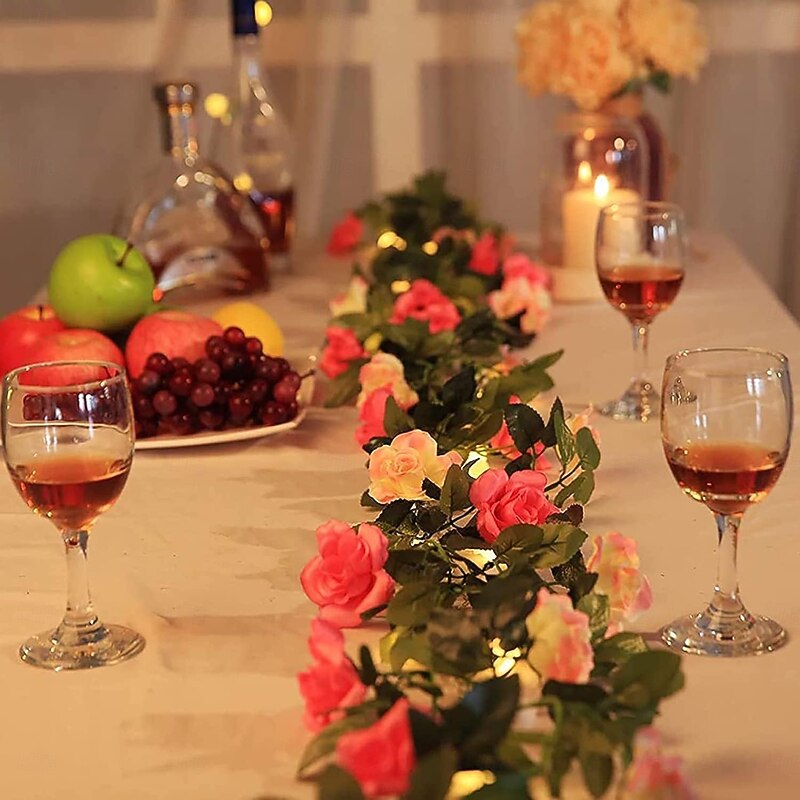 Valentines 2m 20LED Artificial Rose Vine Fairy Lights, Battery Powered Hanging Flower Garland for Anniversary Wedding and Party Decorations2