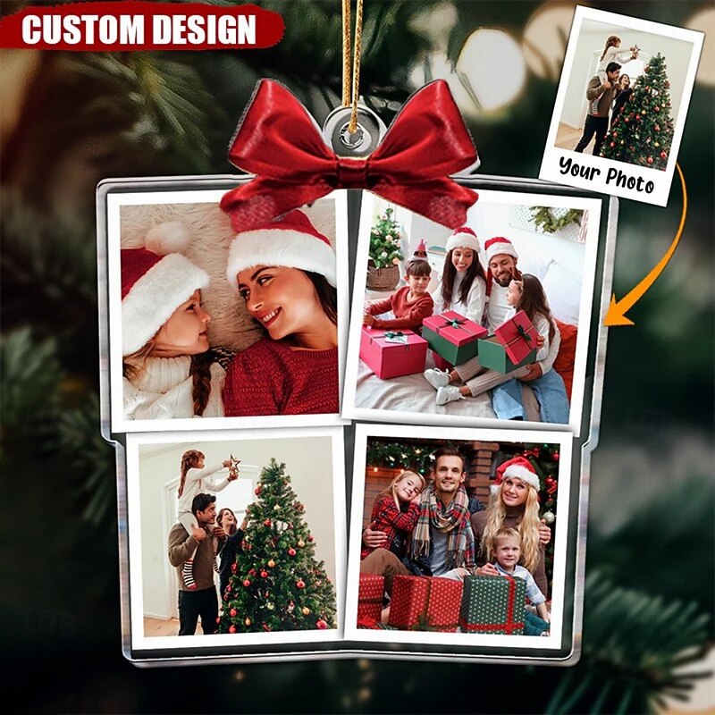 Personalized Photo Christmas Ornaments Acrylic 2D Custom Family Box Gift Red Ribbon Christmas Tree Ornaments Xmas Decoration Hanging Pendant Gifts