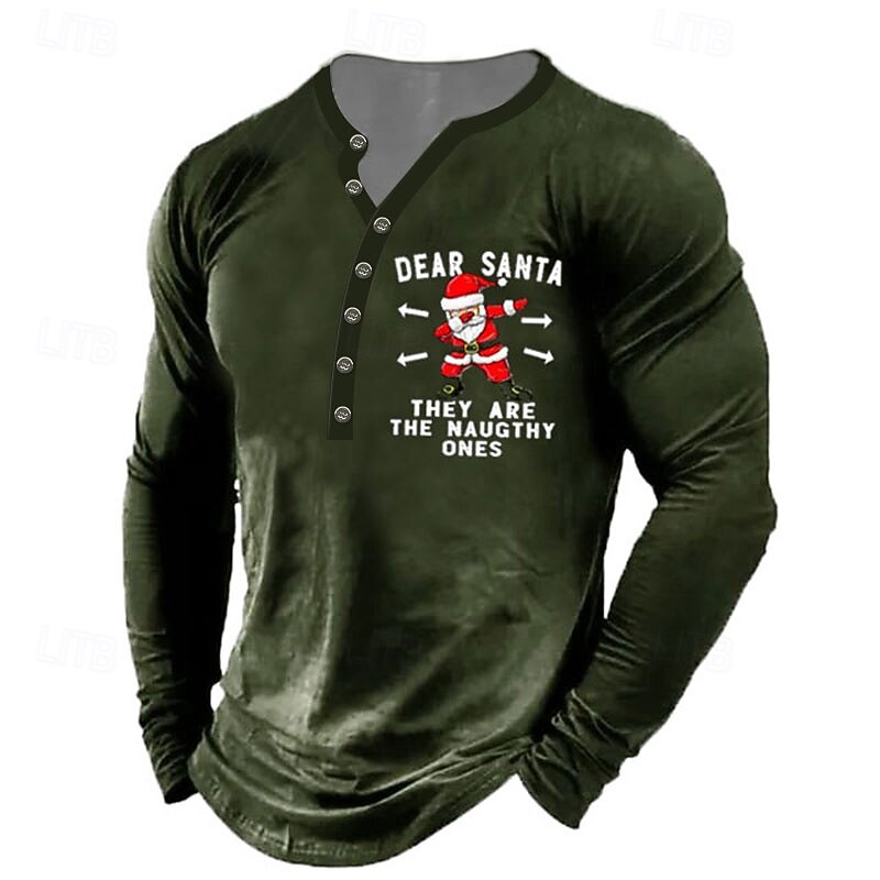 Christmas Men's Santa Claus Henley T Shirt Tee Henley Tee Graphic Santa Claus Henley Black Wine Army Green Navy Blue Gray 3D Print Outdoor Long Sleeve Button-Down Print Clothing Apparel Designer2