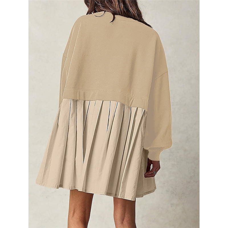 Women's Casual Dress Mini Dress Patchwork Fake two piece Casual Crew Neck Long Sleeve Black Navy Blue Khaki Color