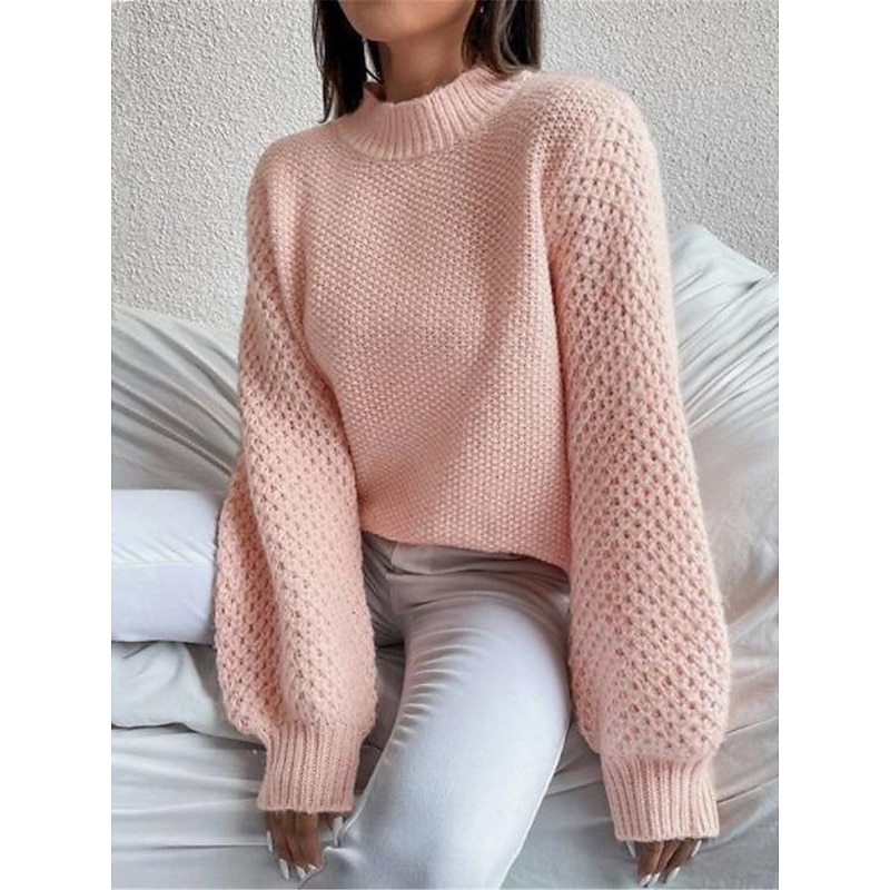 Women's Sweater Pullover Sweater Jumper Casual Soft Pure Color Ribbed Crew Neck Knitted Long Sleeve Regular Tops Knit Outdoor Daily Weekend White Pink Fall Winter2