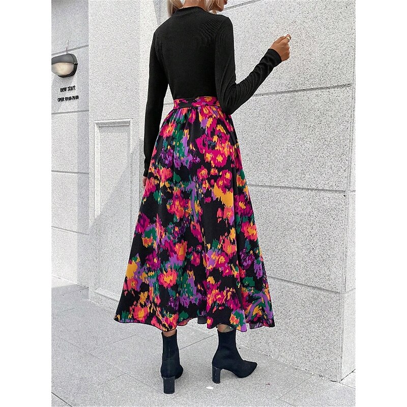 Women's Floral Stand Collar Maxi Dress Long Sleeve Spring Fall2