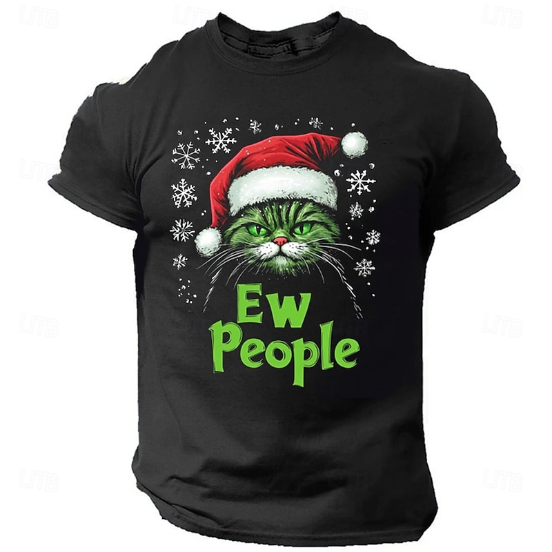 Christmas Men's Animal Cat Hat funny christmas T Shirt 100% Cotton Short Sleeve Graphic Shirt Black 1 Black Comfortable Tee Festival Fashion Designer Clothing2
