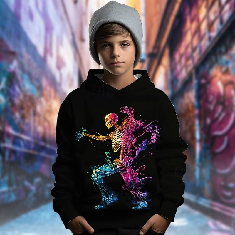 Boys 3D Graphic Skull Hoodie Long Sleeve Spring Fall Fashion Streetwear Kids 4-12 Years Hooded Outdoor Casual Daily Regular Fit