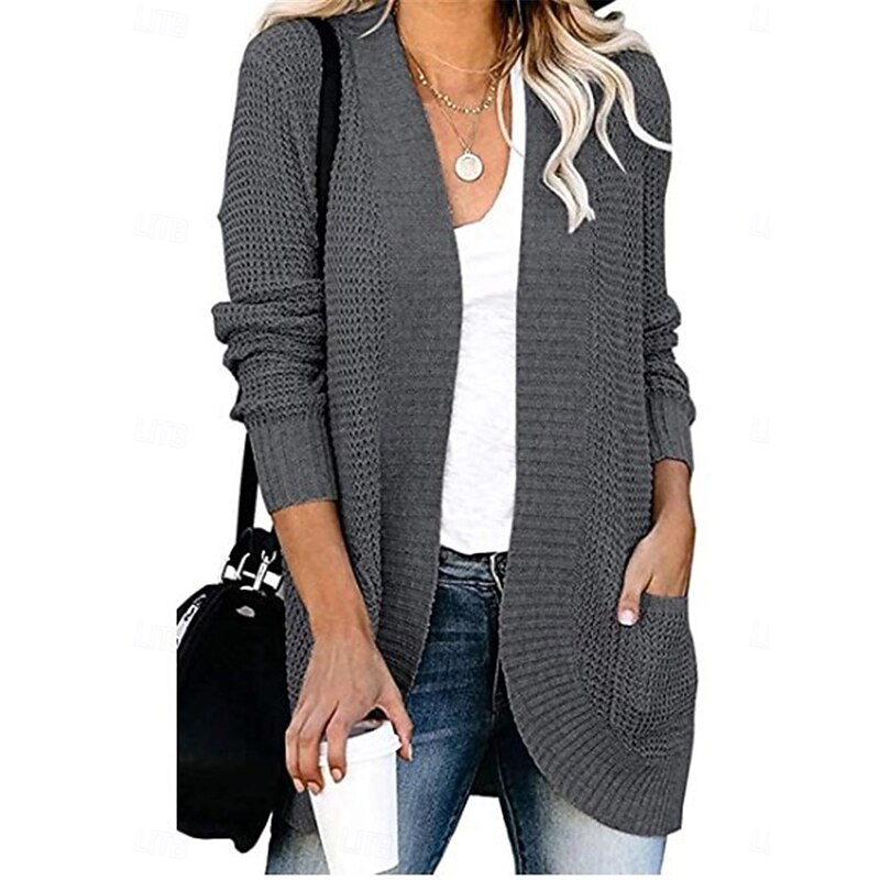 Women's Sweater Cardigan Casual Soft Pure Color Ribbed V Neck Pocket Knitted Long Sleeve Regular Tops Knit Outdoor Daily Weekend Army Green Gray Fall Winter