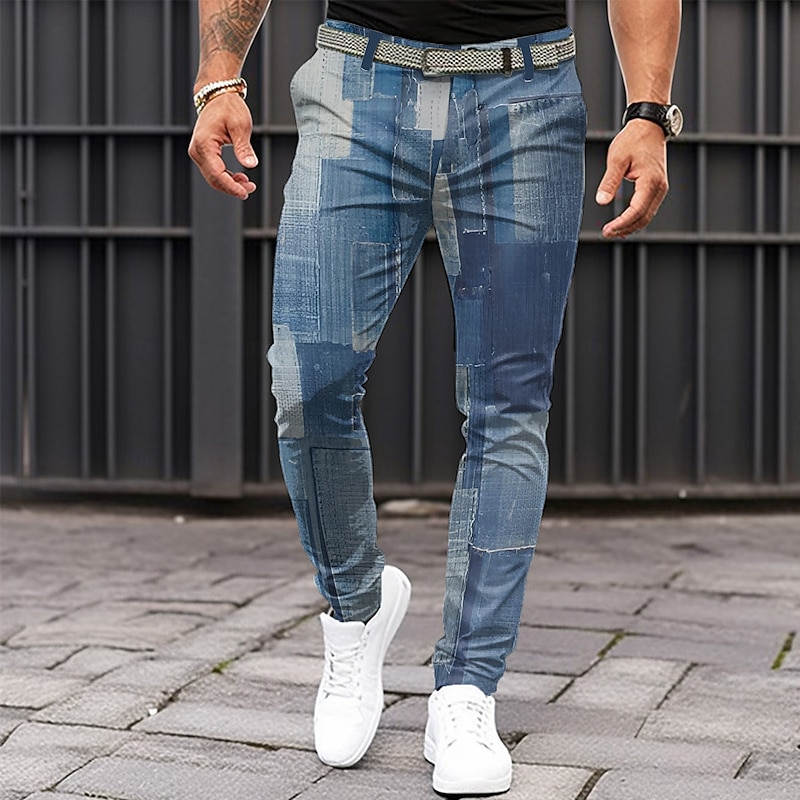 Men's Plaid Color Block Patchwork Dress Pants Mid Waist Business Casual Formal Dailywear Zipper Pocket Summer Spring Fall 3D Print Blue - Main Image