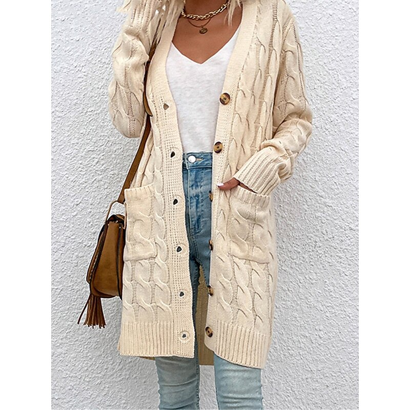 Women's Sweater Cardigan Casual Soft Pure Color Ribbed V Neck Pocket Knitted Long Sleeve Long Tops Knit Outdoor Daily Weekend Red Green Fall Winter4