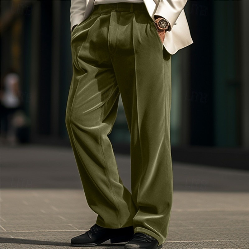 Men's Dress Pants Trousers Casual Pants Velvet Pants Front Pocket Straight Leg Plain Comfort Business Daily Holiday Fashion Chic & Modern Army Green Blue