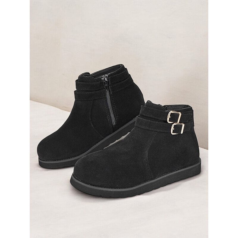 Women's Black Buckle Faux Suede Ankle Boots – Casual Flat Winter Boots with Double Strap for Everyday Comfort2