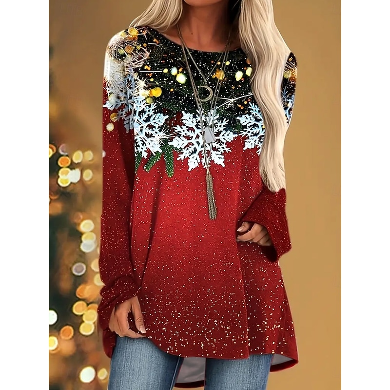 Women's T Shirt Holiday Themed T-Shirt Long Sleeve Snowflake Tree Ornament Print Casual Red Winter Apparel Regular Fit Festive Top