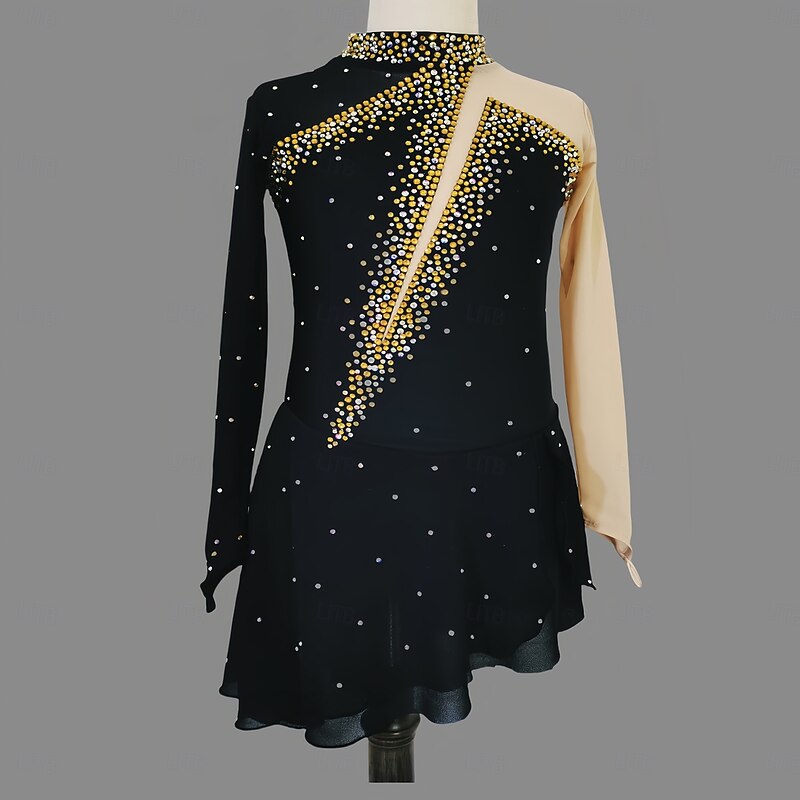 Figure Skating Dress Women's Girls' Ice Skating Dress Black Thumbhole Asymmetric Hem Mesh Spandex Stretchy Training Practice Professional Skating Wear Thermal Warm Classic Crystal / Rhinestone Long