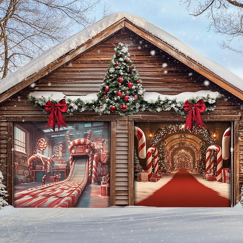 Christmas Door Decorations Garage Door Cover Xmas Candy Canes Gifts Gingerbread Outdoor Banner Large Christmas Backdrop for Holiday Outdoor Garage Door Home Wall Decorations 22