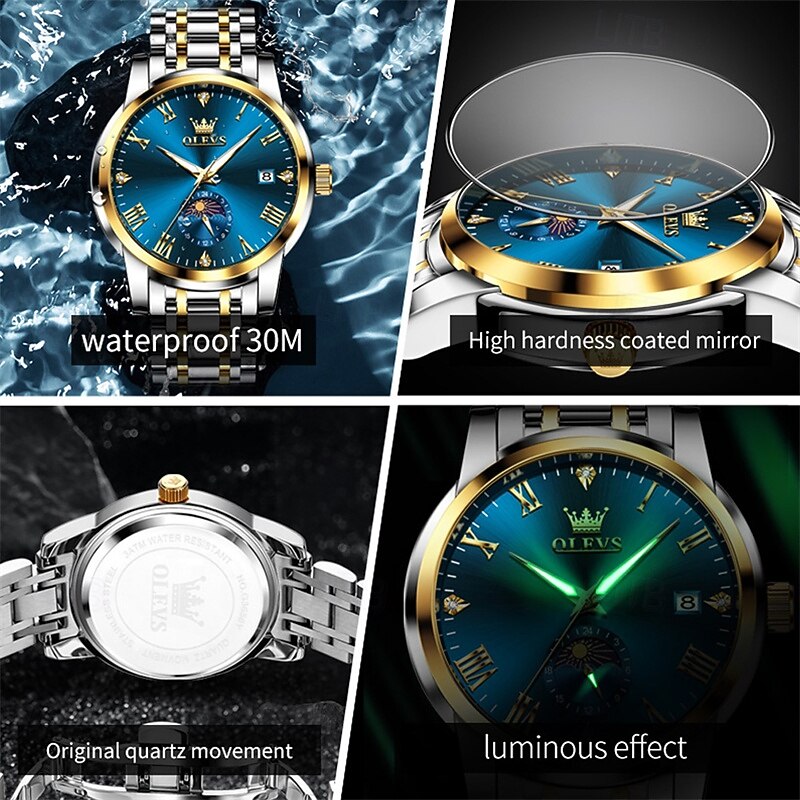 New Olevs Brand Men'S Steel Belt Business Watch Calendar Moon Phase Display Luminous Simple Leisure Multifunction Quartz Watch Waterproof Sports Men'S Wristwatch2