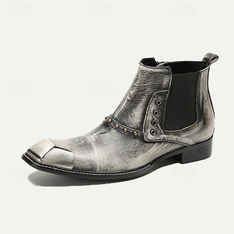 Men's Metallic Silver Leather Chelsea Motorcycle Boots – Pointed Toe Ankle Boots with Studded Detailing and Metal Toe Cap3