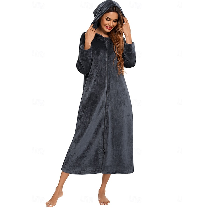 Women's Pajamas Pure Color Fashion Simple Home Fleece Warm Long Sleeve Robe Top Fall Winter Home Outfits2