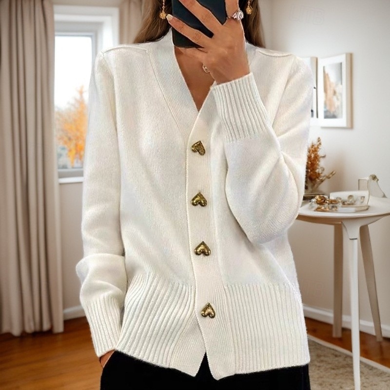 Women's Valentine Pink Sweater Cardigan Sweater Jacket V Neck Knit Button Knitted Spring Fall Daily Holiday Going out Cute Daily Soft Long Sleeve Pure Color Black White4
