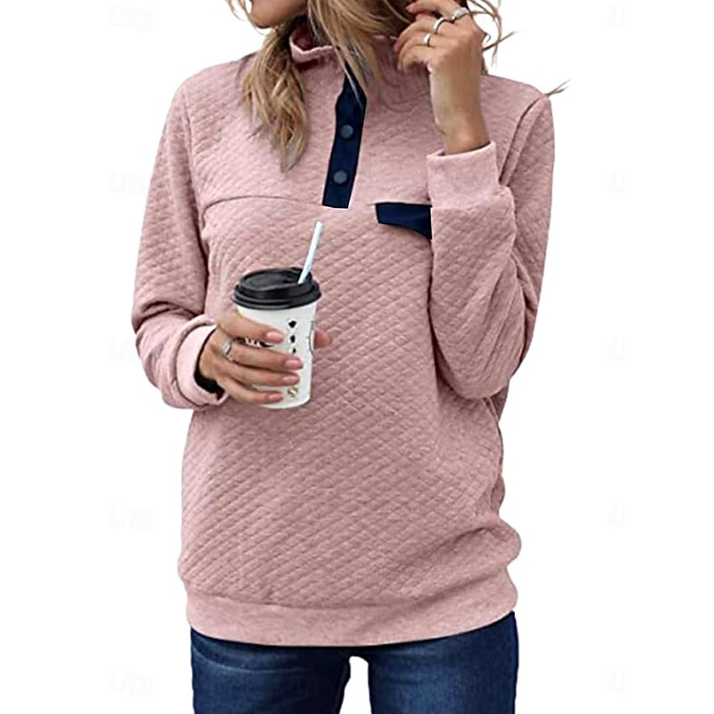 Women's Texture Sweatshirt Waffle Sweatshirt Casual Plain Dailywear Turtleneck Buttons Long Sleeve Black Pink Gray Fall Winter