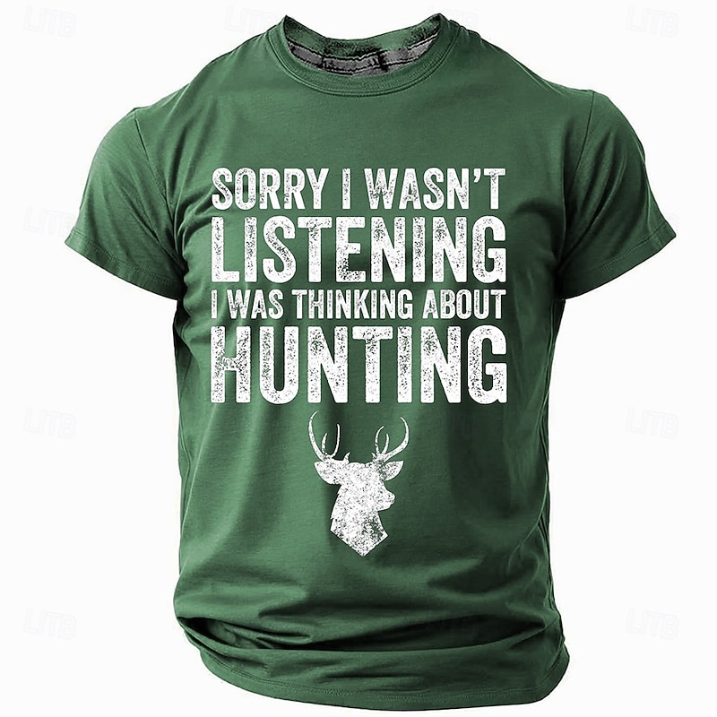 Men's Text Deer T Shirt Short Sleeve T shirt 3D Print Crew Neck Shirt Fashion Athleisure Street Sports Outdoor Daily Blue Brown Green Summer Spring Clothing Apparel S M L XL XXL XXXL