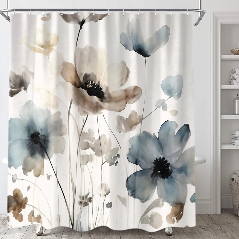 Shower Curtain with Hooks 180cm*180cm(70"*70") Polyester Washable Waterproof Pattern Bathroom Bathtub Decor Botanical Floral4