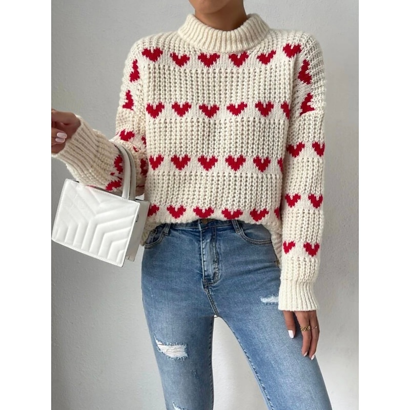 Women's Sweater Pullover Sweater Jumper Casual Soft Heart Ribbed Turtleneck Knitted Long Sleeve Regular Tops Knit Outdoor Daily Weekend Beige Fall Winter4