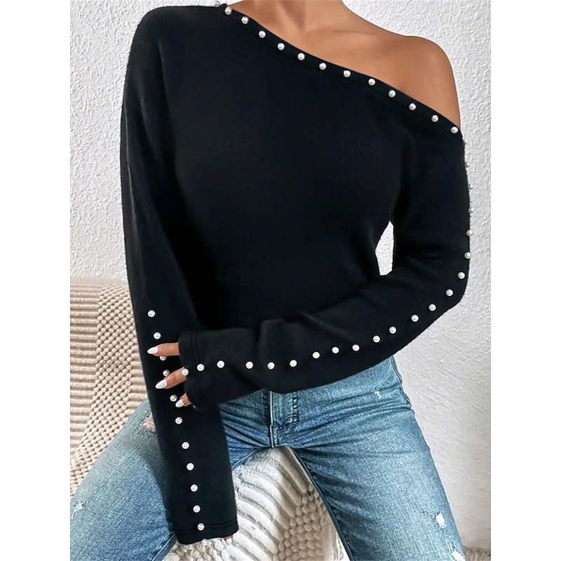 Women's Shirt Blouse Solid Color Basic Casual Long Sleeve Cold Shoulder Regular Tops Daily Beaded Black Fall Winter