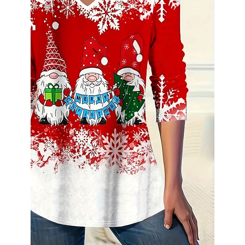 Women's Tunic Top V-Neck Snowflake Gnome Print Long Sleeve Casual Holiday Wear Red White Stretch Fabric Relaxed Fit Comfortable Seasonal Shirt4