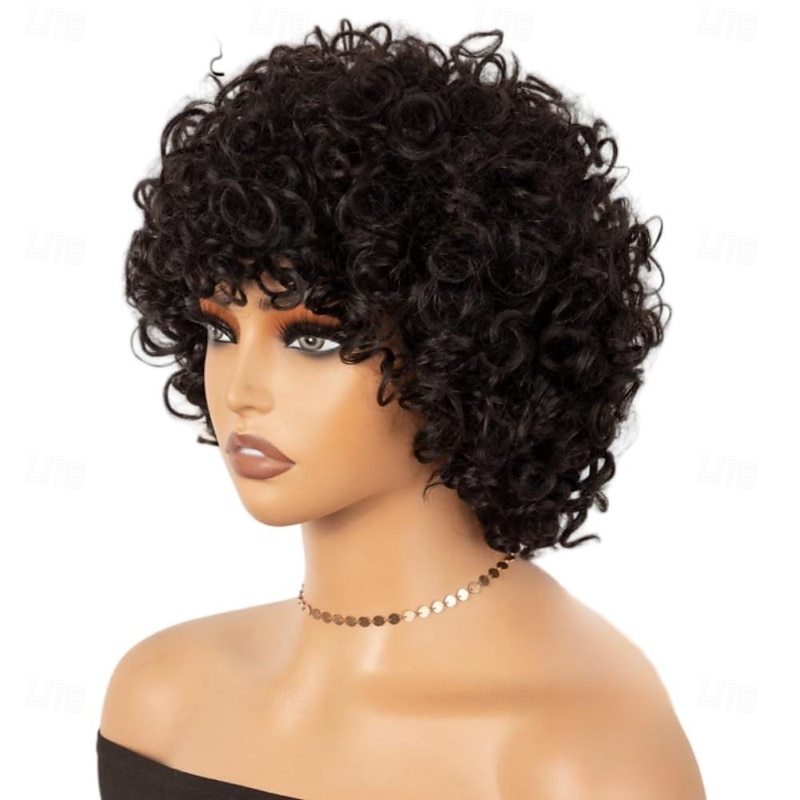 Short Curly Wig with Bangs Human Hair Wig for Black Women Short Curly Bob Wig Bouncy Curls Glueless Wig 150% Density4