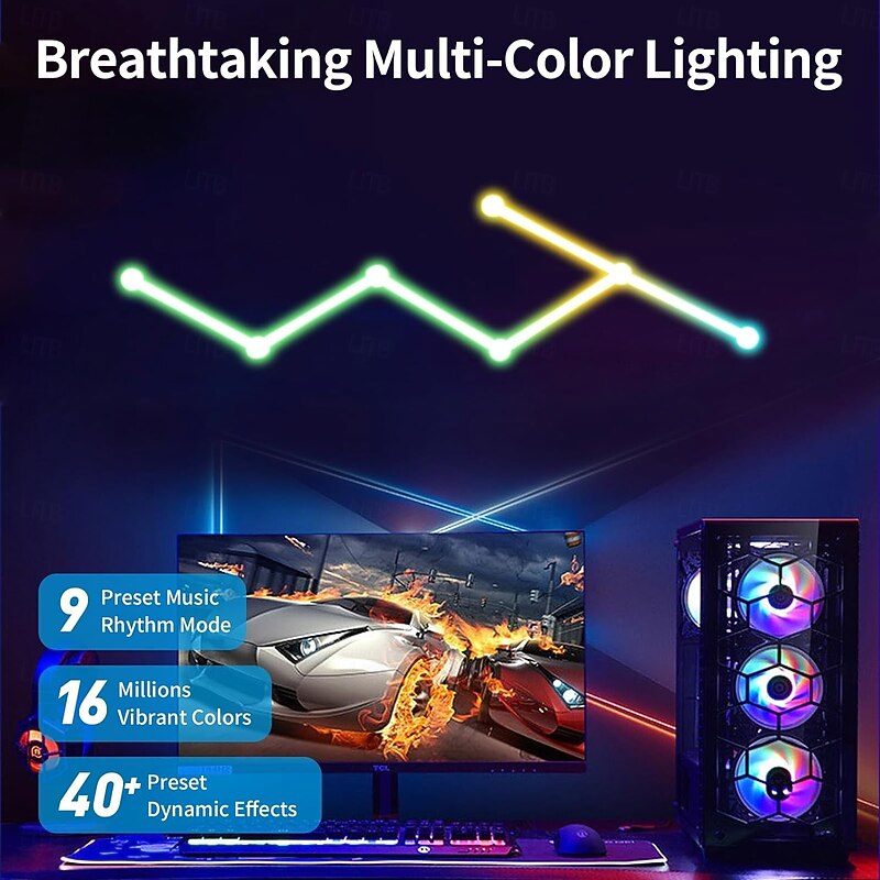 RGB LED Smart Light Gaming Light Lines Bluetooth APP Music Sync Home Wall Creative Decor Light Bars with 24 Key RF Remote control 16M Colors & 40 Sence Modes LED Wall Lights4