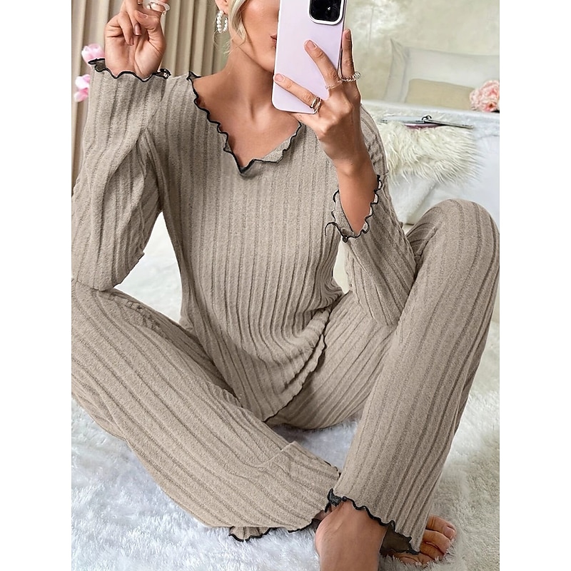 Women's Pajama Set Pure Color Casual Comfort Home Daily Comfort Warm V Neck Long Sleeve T shirt Pant Elastic Waist Fall Winter Home Outfits 2025 - $31