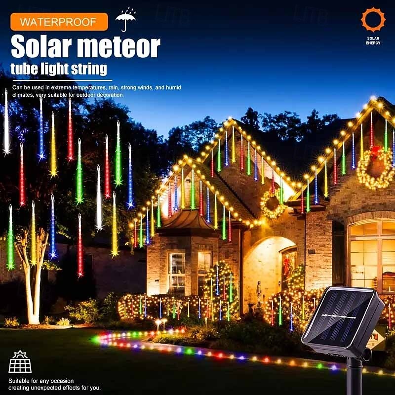1pc Solar Meteor Shower Light, 30cm 8 Tubes 192 LEDs Eaves Christmas tree Lights for Christmas Tree & Garden Decoration