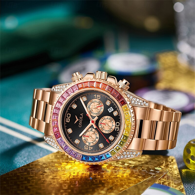 ONOLA Luxury Iced Watches Men Automatic Date Multifunctional Steel Clocks Fashion Rainbow Diamond Quartz Wristwatch3