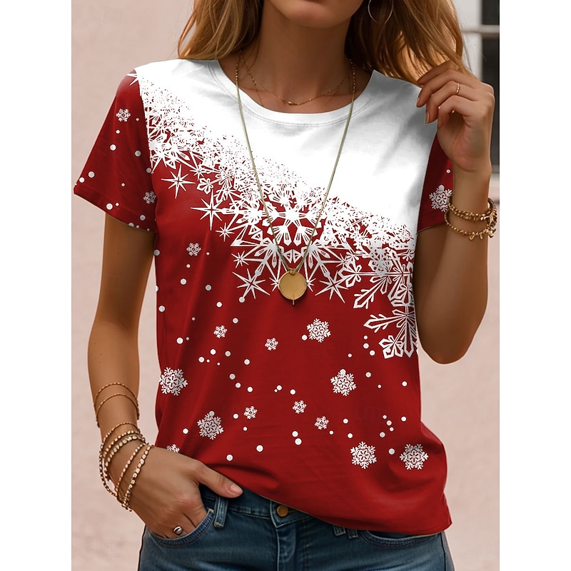 Women's T shirt Snowflake Gradient Print Short Sleeve Round Neck Casual Summer Top Red White Comfort Fit Daily Wear Holiday Fashion